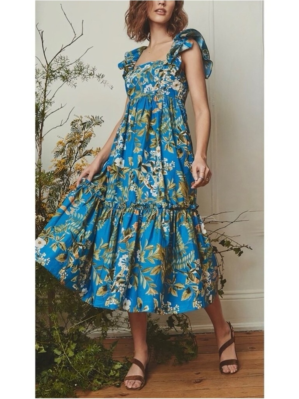 Cara Cara Midi Floral Flutter-Sleeve Smocked Darby Dress
